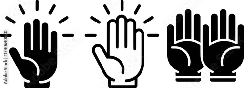 Icon set of hands: high five, raised hand, and open palms