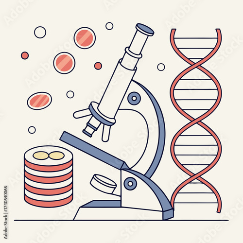 Scientific research and discovery with a microscope petri dishes dna helix and abstract cells representing biology and genetics
