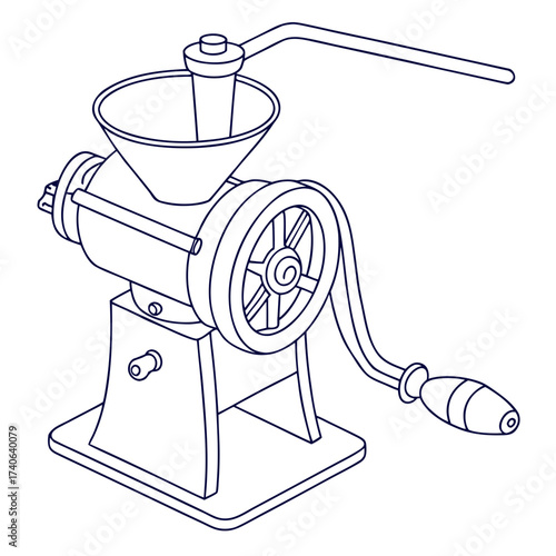 Retro manual meat grinder with a large crank and funnel for food preparation and kitchen use