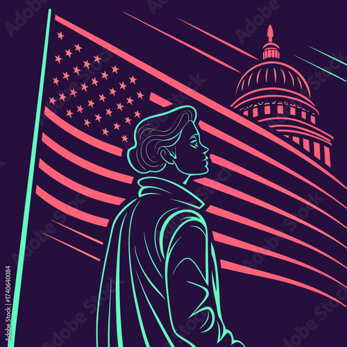Stylized illustration of a woman in silhouette against the american flag and capitol building symbolizing patriotism and civic engagement