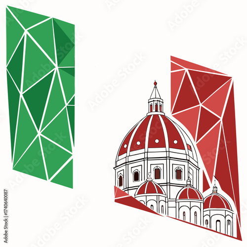 Stylized illustration of florence cathedral dome and smaller domes in red and white with abstract geometric green and red shapes on a white background