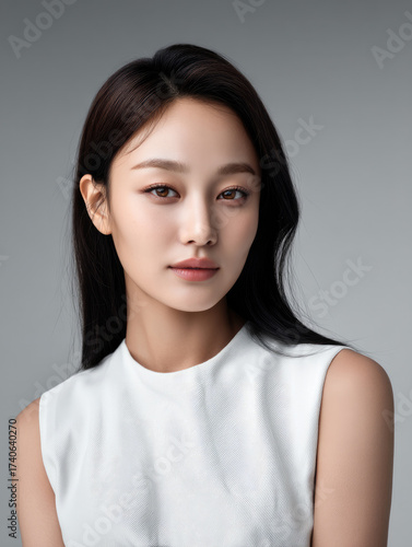 Wallpaper Mural Elegant Korean woman with long black hair, natural makeup, and white sleeveless top, posing confidently against gray background Torontodigital.ca