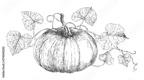 A detailed sketch of a pumpkin with leaves and tendrils