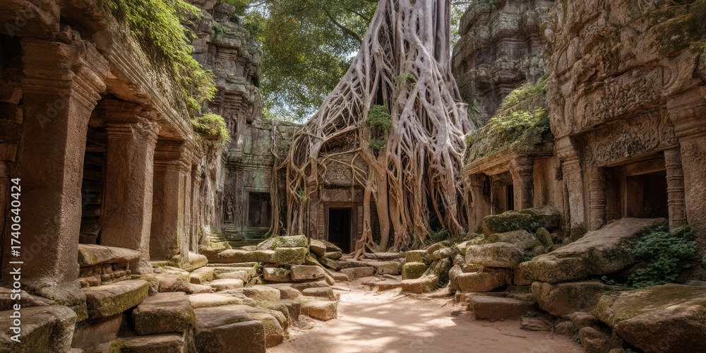 Fototapeta premium Sunlight streams dramatically into the heart of Angkor Thom, illuminating a breathtaking interior chamber within the Bayon temple. Massive, weathered stone walls, adorned with intricate carvings, 