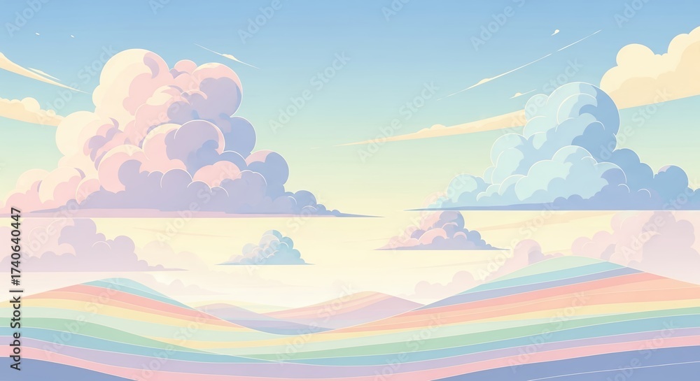 Fototapeta premium Dreamy Pastel Sky with Fluffy Clouds and Rainbow Hues.