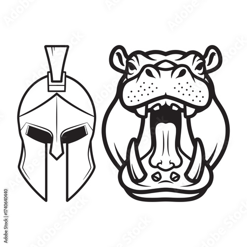 Spartan warrior helmet and roaring hippo head mascot, black and white vector icon set.