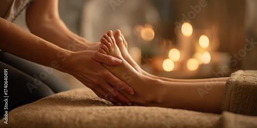 Wallpaper Mural A close-up shot captures a serene foot massage session. A female therapist gently kneads the feet of a client, who is lying comfortably on a plush, beige towel-covered massage table. Warm,  Torontodigital.ca