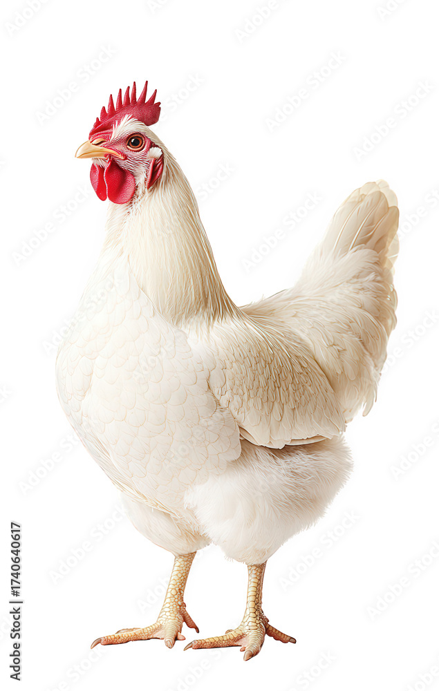 Fototapeta premium A white leghorn chicken isolated on transparent background is standing gracefully, showcasing its pristine plumage, red comb, and alert posture in a studio setting