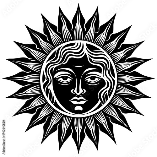 Mystical sun goddess face radiates light and wisdom in elegant design style
