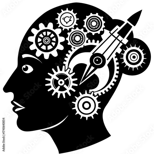 Creative mind launching innovative ideas with gear mechanisms and rocket ship