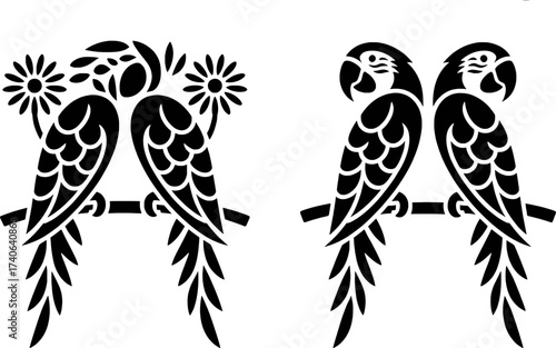 Two Pairs of Stylized Macaws Perched on Branches with Flowers
