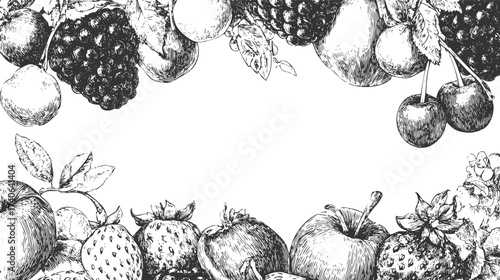 A detailed black and white illustration of various fruits including apples, pears, cherries, and berries arranged in a border around a blank space
