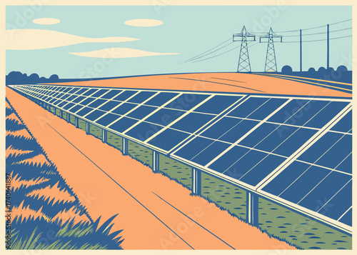 Solar Energy Array: A meticulously designed array of solar panels stretches across a vast field under a serene sky, symbolizing the promise of sustainable energy and a greener future.