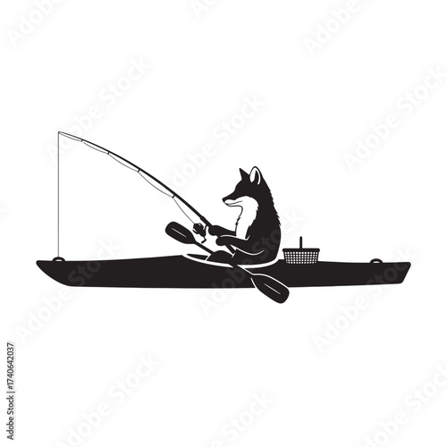 Silhouette of a fox fishing from a kayak with a fishing rod, black and white vector illustration.