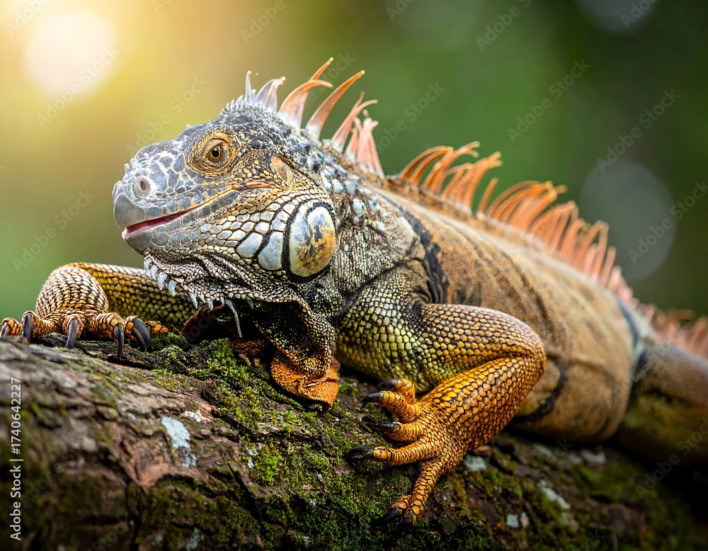 Fototapeta premium A detailed close-up of a large, colorful reptile on a weathered branch