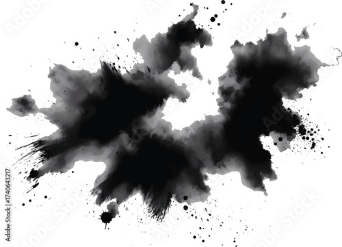  Bold black ink splash creates an energetic abstract composition with rich contrasts and dynamic textures. Ideal for modern backgrounds, editorial art, and creative design projects
