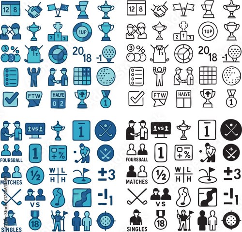 Comprehensive Golf Game and Tournament Icon Set in Four Styles.