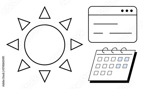 Sun symbol, calendar, and browser window represent daily planning, scheduling, time management, and online productivity. Ideal for productivity, workflow, digital tools deadlines reminders