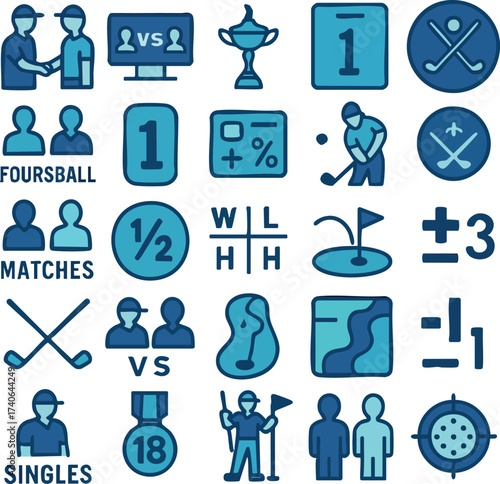 Golf game icons set with various elements and symbols.