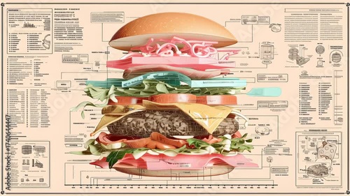 Technical scheme of a deconstructed gourmet hamburger showing layers of bun, lettuce, cheese, beef patty, onions, tomato, and bacon with blueprint annotations and intricate diagram elements