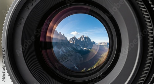 Macro of camera lens reflecting mountain landscape