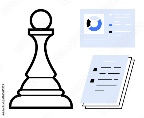 Chess pawn symbolizes strategy and planning beside data charts and documents representing analytics, progress, and preparation. Ideal for teamwork, decision-making, strategy, analytics, leadership