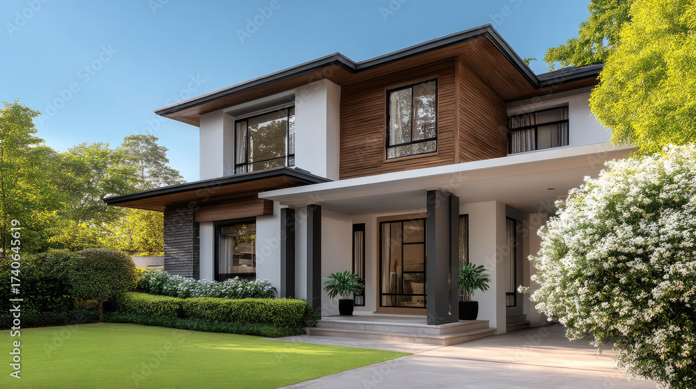 Fototapeta premium Modern house exterior with large windows, white walls, wood accents, lush green lawn, and vibrant landscaping under clear blue sky