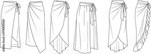 Flat vector illustration of six stylish wrap skirts design, technical fashion sketch, sarong style, tied waist, elegant clothing template.