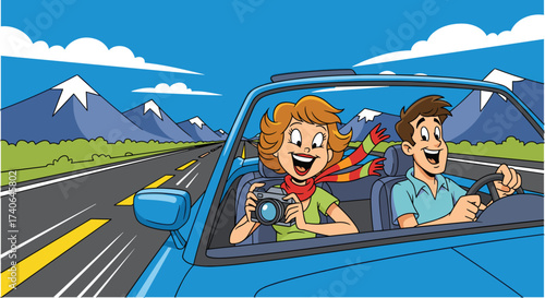 Cartoon Couple on Road Trip in Convertible Car with Mountains Background
