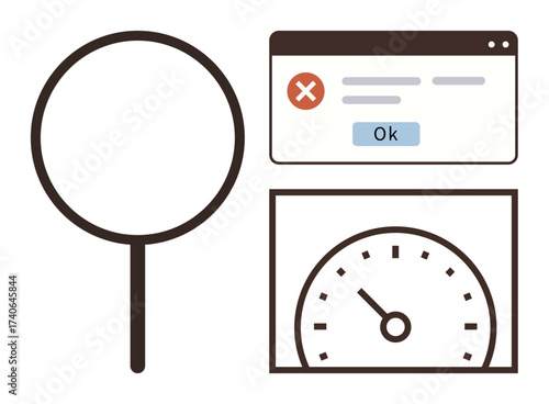 Magnifying glass, error message box, and speedometer highlight problem detection, data accuracy, and performance measurement. Ideal for diagnostics, technology, analytics, evaluation error tracking