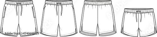 Flat vector technical drawing of men's shorts collection, front view, different styles, elastic waistband, drawstring, fashion illustration