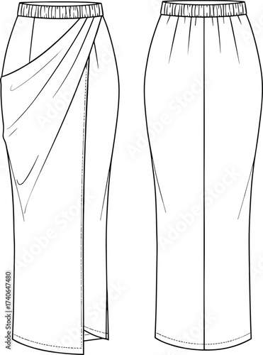 Flat vector illustration of women’s long draped wrap skirt with elastic waistband, fashion technical CAD drawing, front and back views
