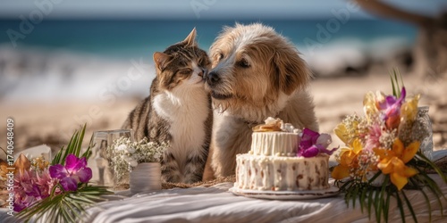 A golden retriever and a tabby cat share a celebratory picnic on a sandy beach. The dog, with a fluffy coat and a gentle expression, leans in to nuzzle the cat, who is playfully pressing its head...