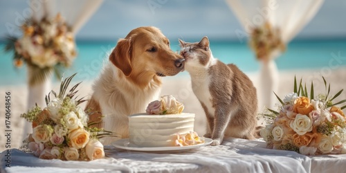 A golden retriever and a gray tabby cat share a tender moment at an outdoor wedding ceremony. The animals are seated on a white tablecloth covered table adorned with a tiered white cake decorated...