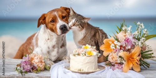 A golden retriever and a tabby cat share a tender moment on a sandy beach. The dog gently nuzzles the cat, who returns the affection by pressing its head against the dog?s cheek.