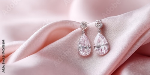 A pair of elegant, pink diamond drop earrings rests delicately on a soft, blush pink silk fabric. The earrings feature two round, faceted pink gemstones suspended from slender, white metal settings. 