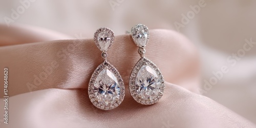 A close-up shot showcases a pair of sparkling, pear-shaped drop earrings resting delicately on a soft, pink fabric. The earrings feature large, brilliant-cut stones surrounded by a halo of smaller,
