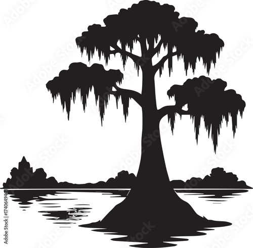 Majestic Cypress Tree Silhouette with Spanish Moss by Tranquil Water in Vector Art