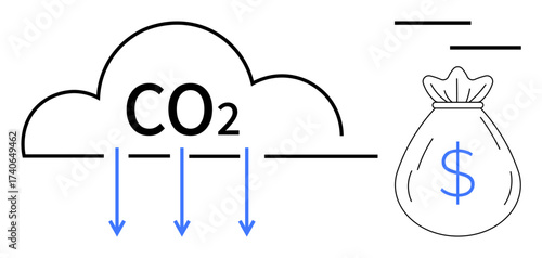 CO2 cloud with downward arrows indicating reduction connected to a money bag. Ideal for carbon capture, sustainability, economic growth, climate action, renewable energy, green investment, simple