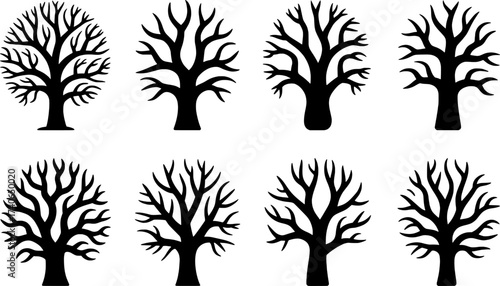 Collection of Black Silhouette Bare Trees on White Background
