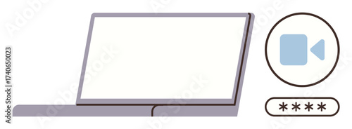 Open laptop beside a blue webcam icon and password entry field. Ideal for security, remote work, virtual meetings, technology, data privacy, accessibility, communication. Simple flat metaphor