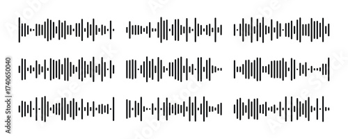 Black sound waves. Abstract music wave, radio signal frequency and digital voice . Tune equalizer vector set. Monochrome volume audio lines, soundwaves rhythm isolated on white background in eps 10.