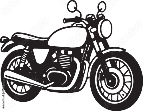 Classic motorcycle vector illustration in black and white with round headlight, spoked wheels and fuel tank for retro, transport and automotive themes