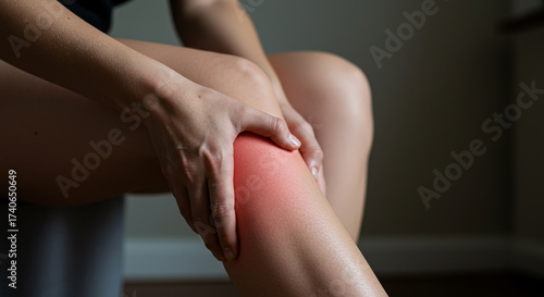 Wallpaper Mural Woman suffering from acute knee pain, applying pressure to her inflamed joint, a common indicator of muscle strain or injury requiring immediate attention and relief Torontodigital.ca