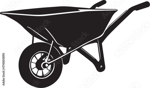 Wheelbarrow silhouette vector illustration in black and white with spoked front wheel, deep tray and handles for gardening and construction themes
