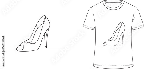 Minimalist High Heel Shoe Line Art on T-Shirt Vector Illustration