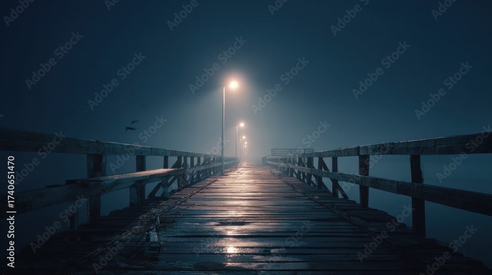 Obraz premium Wooden pier at night with lights and birds