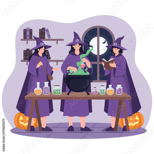 Halloween Activity Illustration. Vector illustration of Three witches mix a glowing potion with bottles and spell book around a cauldron inside a moonlit room. Isolated on background