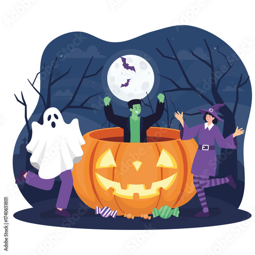 Halloween Activity Illustration. Vector illustration of A ghost runs by as a green monster pops out of a giant jack-o’-lantern while a witch dances under the moon. Isolated on background