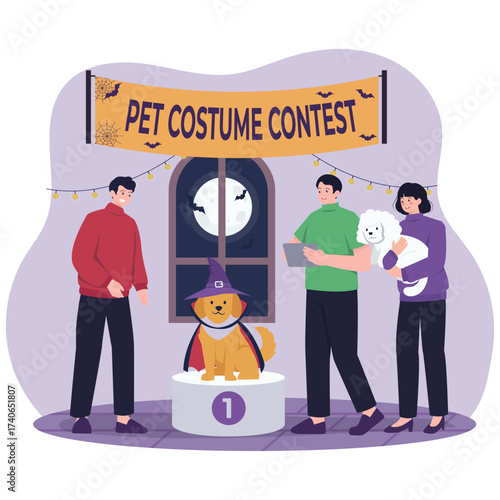 Halloween Activity Illustration. Vector illustration of A happy dog dressed as a witch wins first place while owners cheer at a Halloween pet costume event. Isolated on background